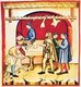 Iraq / Italy: A butcher's shop - butchering sheep. Illustration from Ibn Butlan's Taqwim al-sihhah or 'Maintenance of Health' (Baghdad, 11th century) published in Italy as the Tacuinum Sanitatis in the 14th century